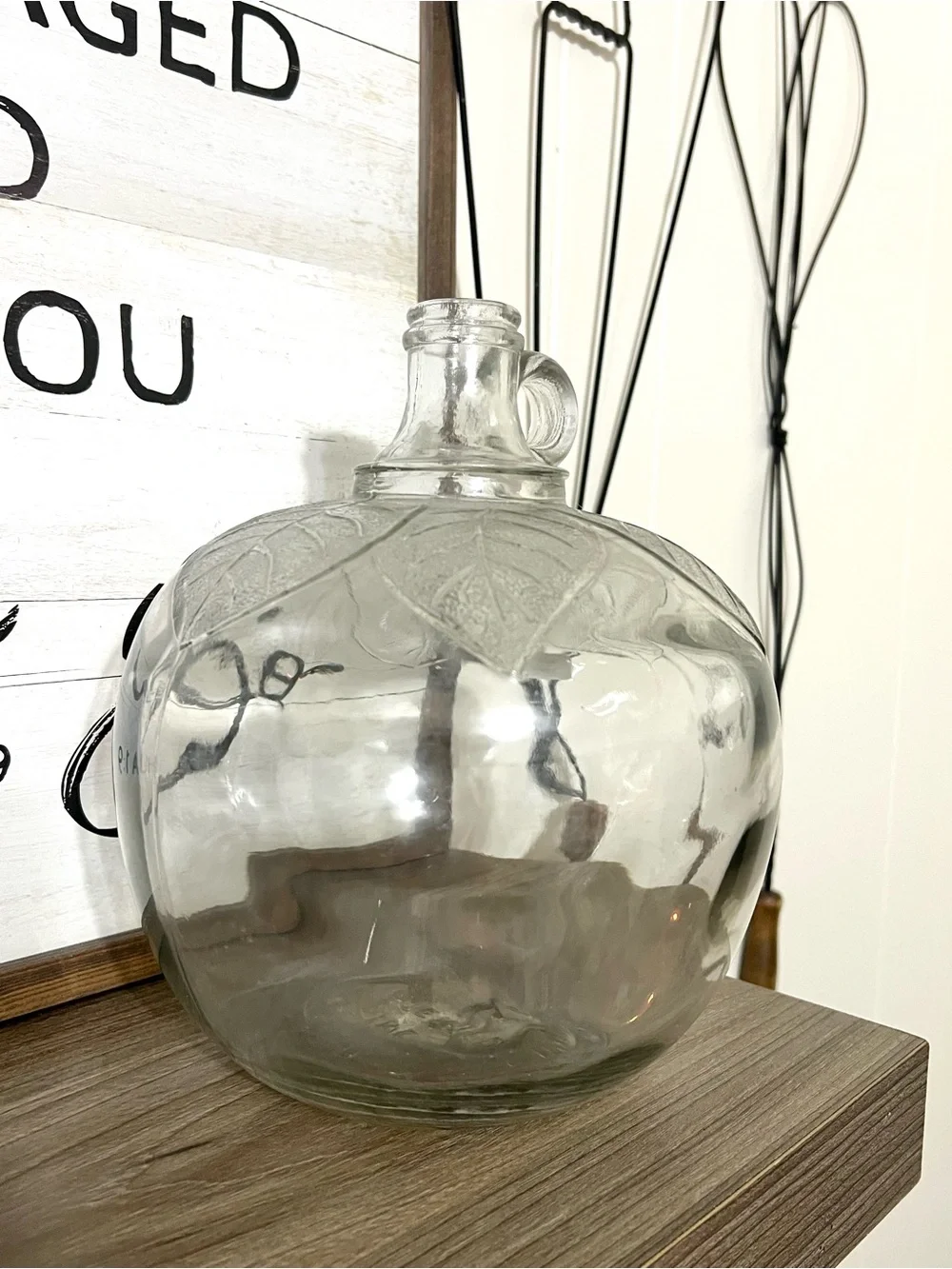 Vintage Clear Glass Decorative Jug Vase with Leaf Detail